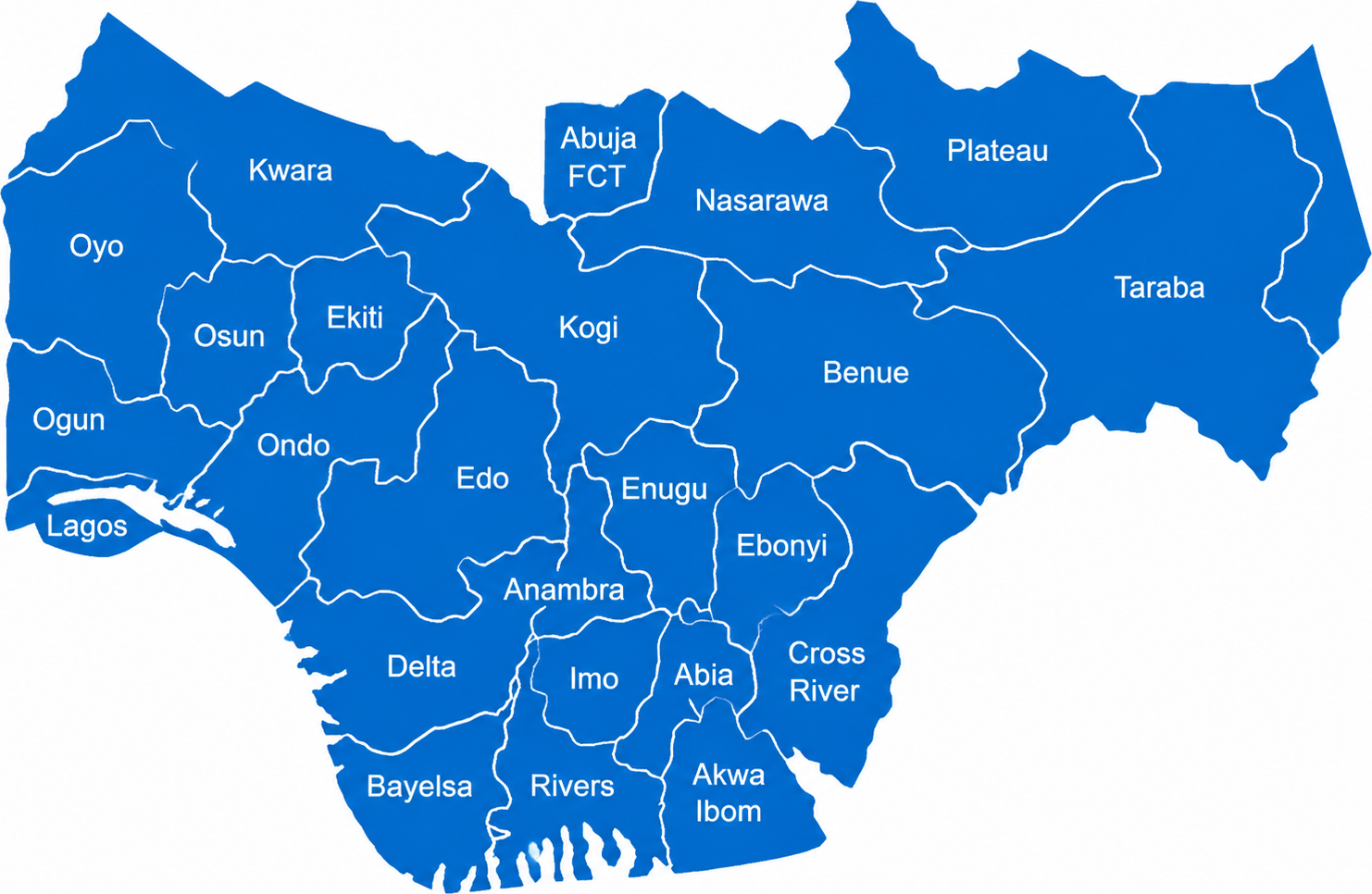 Map of Nigeria showing the states of the Middle Belt, South East, South West and South South zones